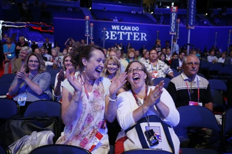 Ingrid Fuhriman from Bellevue, Wash., and Natalie Lavering from Lake Stevens, Wash., cheer as they watch a video presentation during an abbreviated session of the Republican National Convention in Tampa, Fla., on Monday, Aug. 27, 2012.